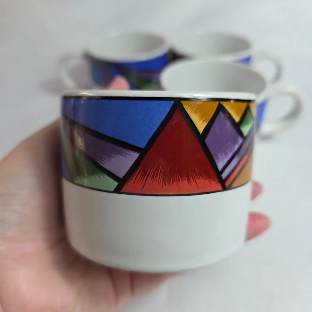FOUR Sakura Sunset Mountain Flat Cups White with Multicolor Border